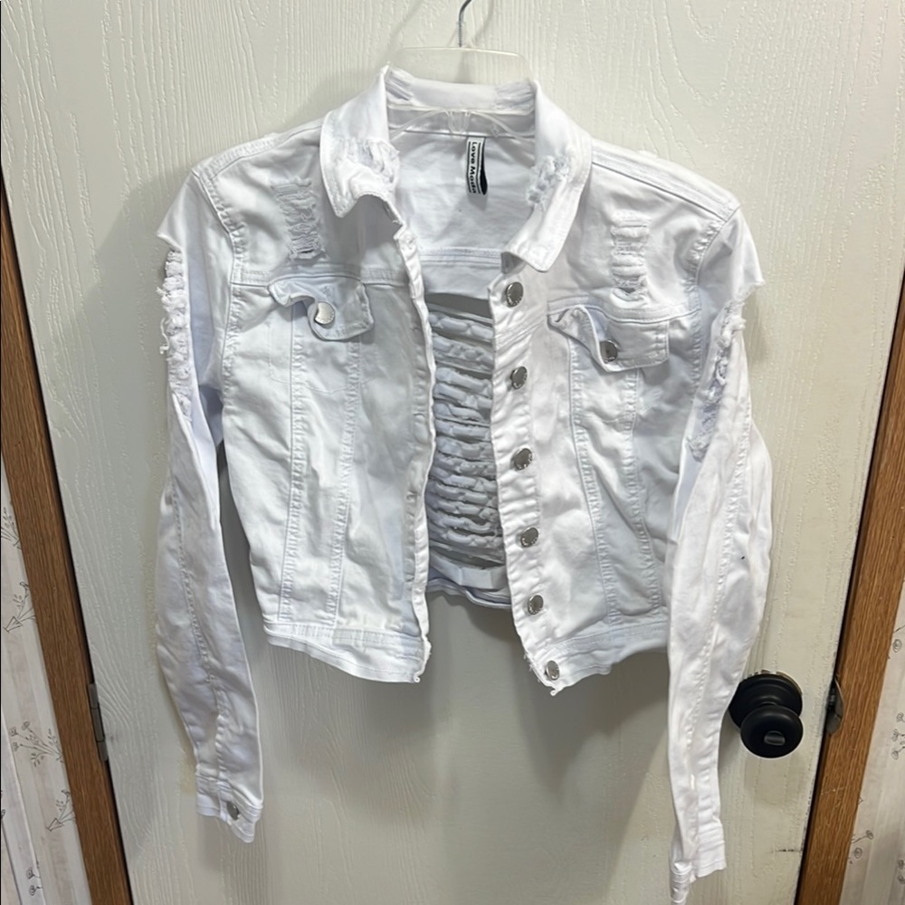 Cropped White Distressed Jean Jacket